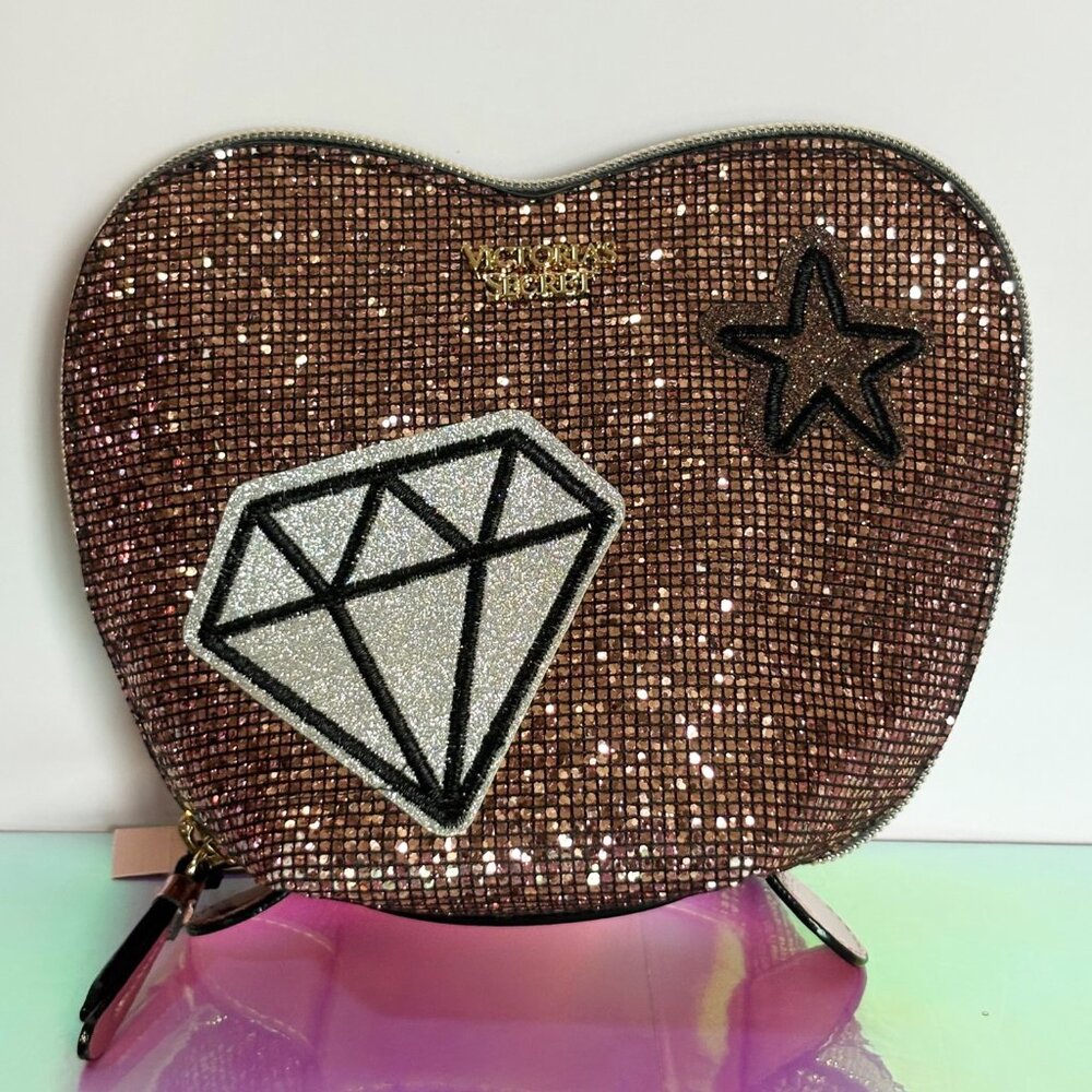 NEW VICTORIA'S SECRET PINK GLITTER SEQUIN HEART COSMETIC BAG MAKEUP CASE